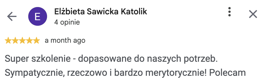Opinia Google po szkoleniu z nagrywania Reels – Elżbieta Sawicka Katolik, Wizerunkuj
