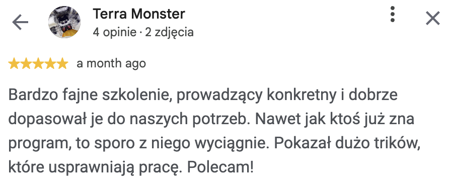 Opinia Google po szkoleniu z nagrywania Reels – Terra Monster, Wizerunkuj